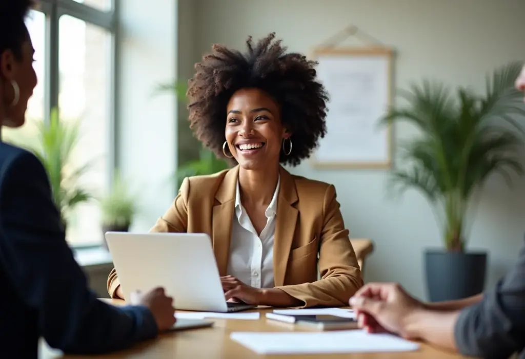 Mulher negra liderando reunião, expressando confiança e competência