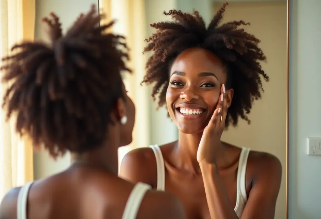Mulher negra madura sorrindo enquanto aplica maquiagem para pele madura.
