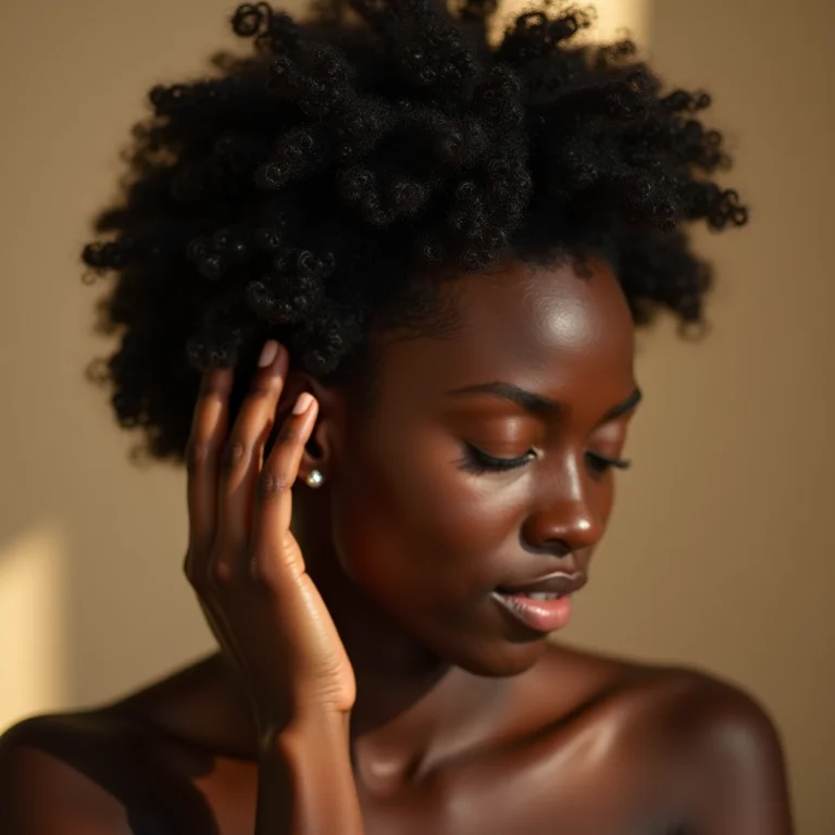 Mulher negra massageando água de arroz no couro cabeludo