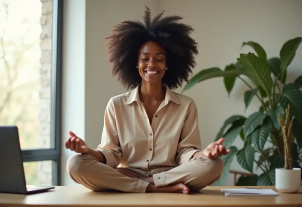 Mindfulness no trabalho: o segredo para aumentar a produtividade? Mulher negra meditando no trabalho para aumentar a produtividade