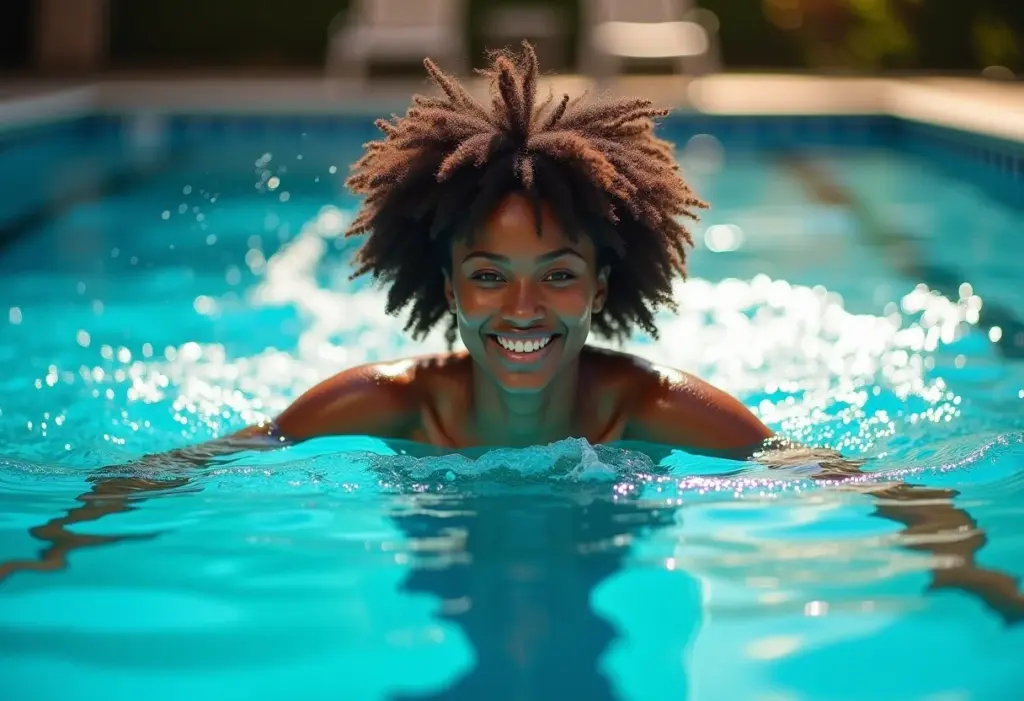 Mulher negra nadando com confiança, superando o medo na piscina