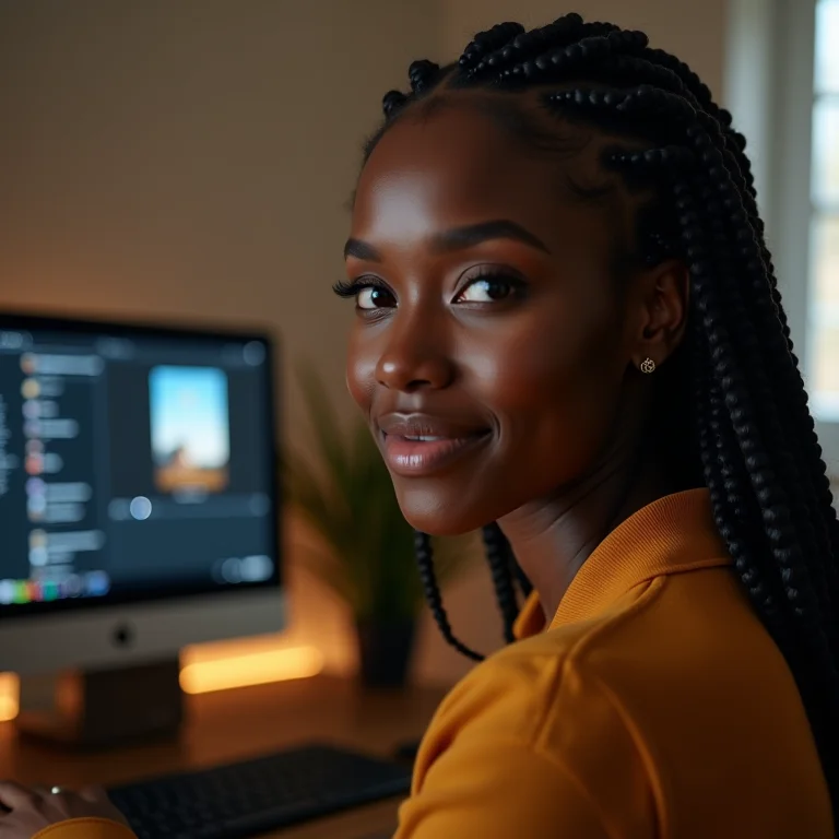 Mulher negra olhando confiantemente para o NoxPlayer rodando Instagram no PC.