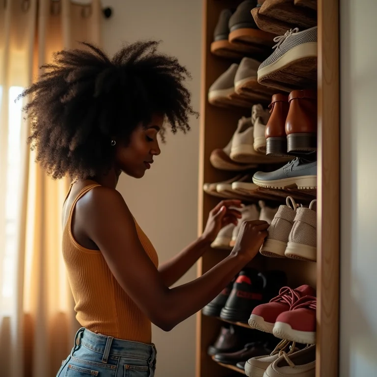 Mulher negra organizando sapatos em rack vertical