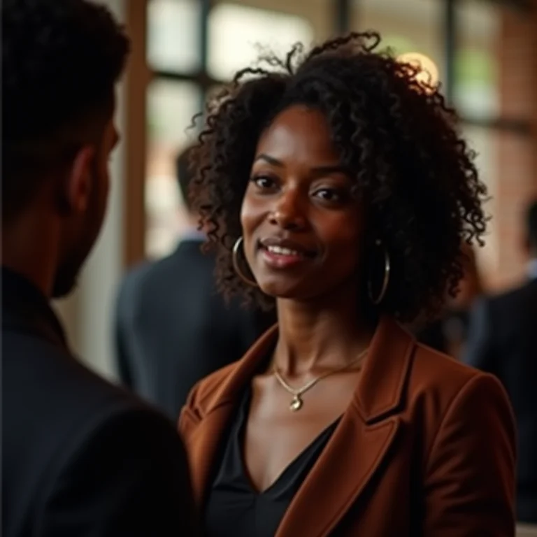 Mulher negra ouvindo atentamente em um evento de networking