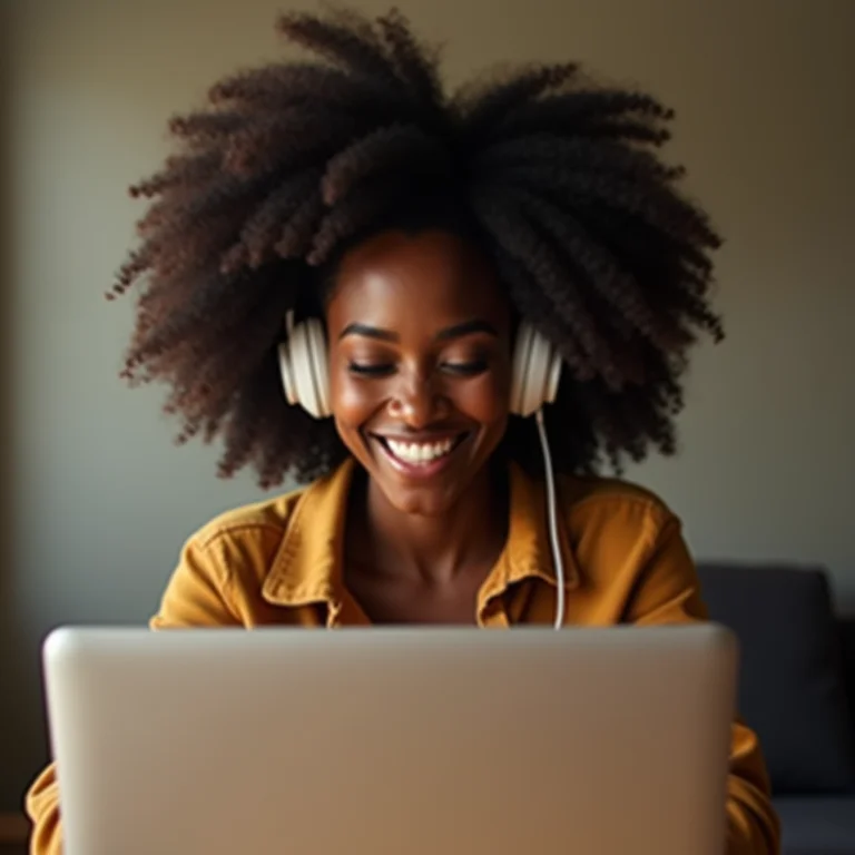 Mulher negra ouvindo música no trabalho