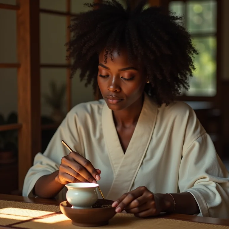 Mulher negra participando de cerimônia do chá japonesa