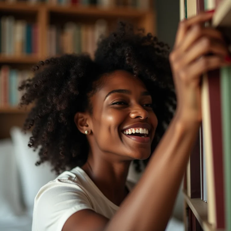 Mulher negra pegando livro em prateleira acima da cama