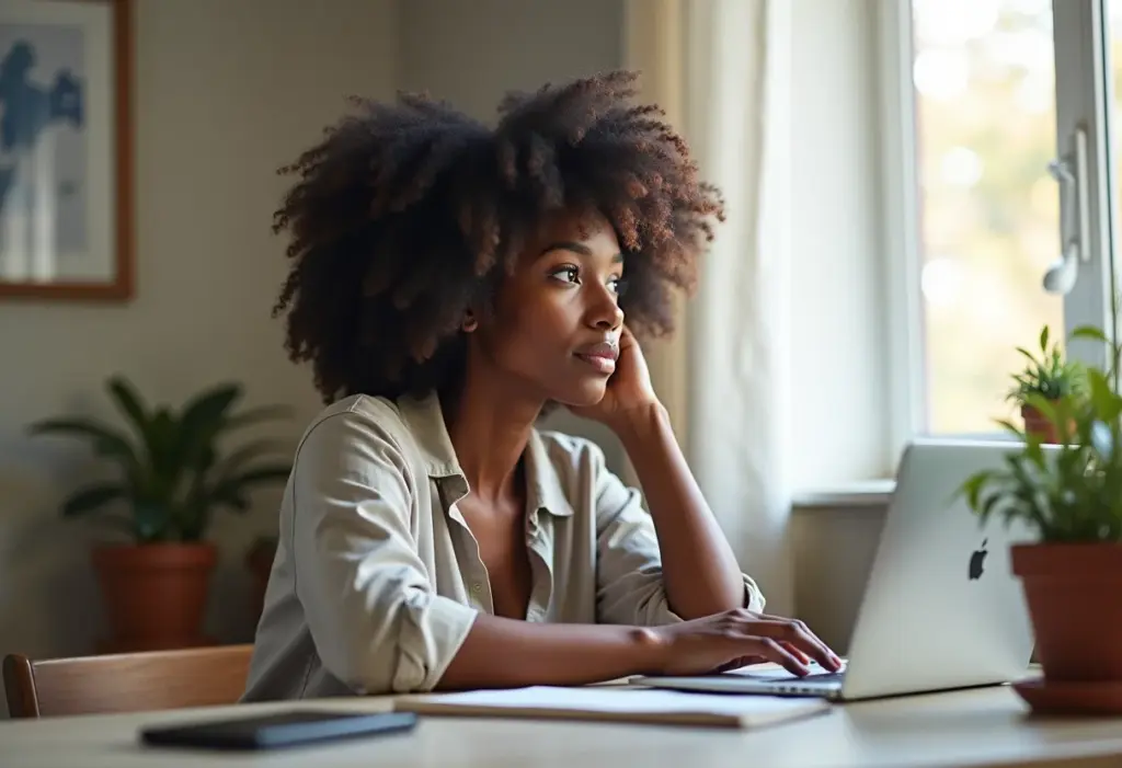 Mulher negra pensativa trabalhando em um escritório minimalista, representando a Síndrome do Impostor.