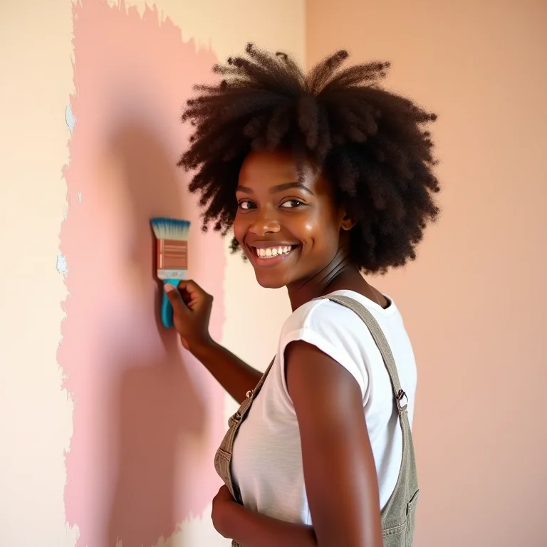 Mulher negra pintando parede com cor suave