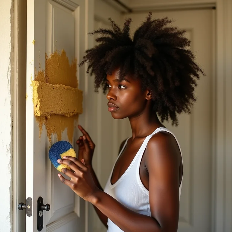 Mulher negra pintando porta com técnica criativa.