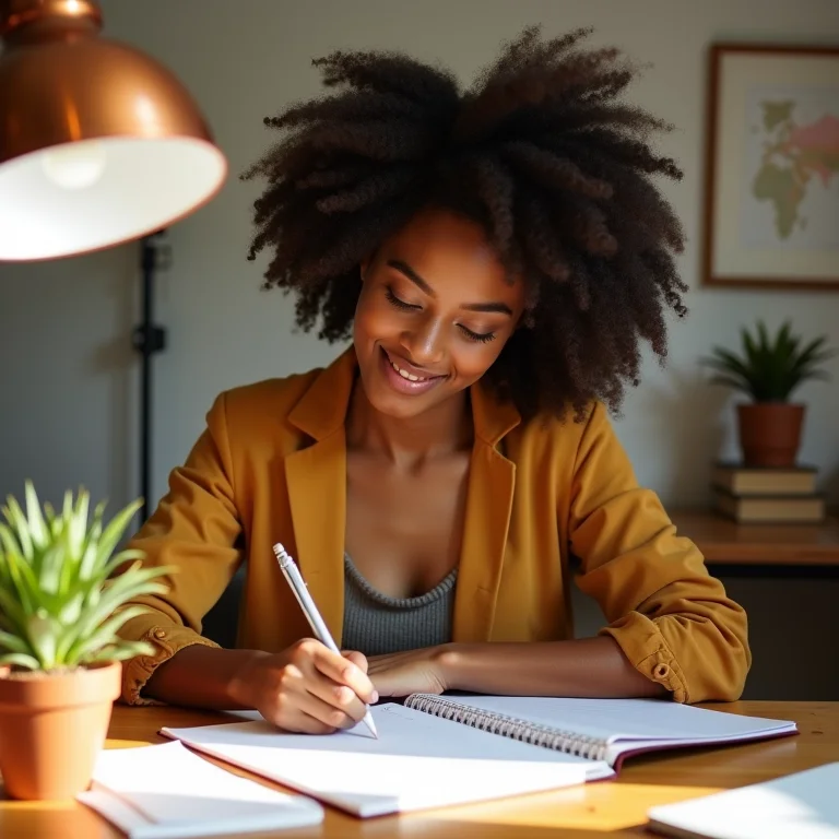 Mulher negra planejando a data do bazar em sua agenda.