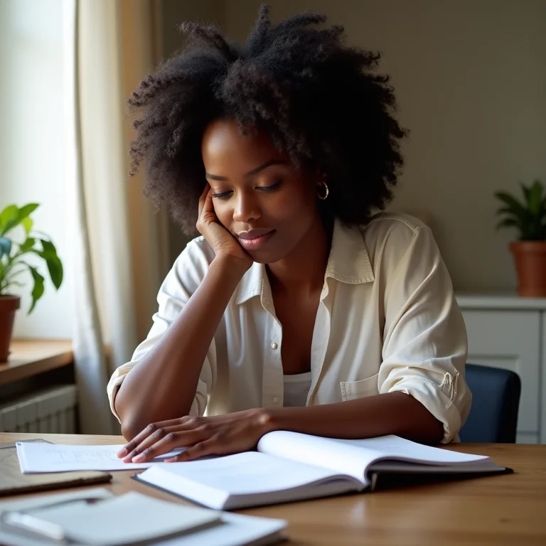 Mulher negra planejando o orçamento do happy hour