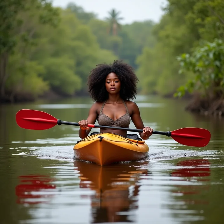Mulher negra praticando canoagem no Pantanal