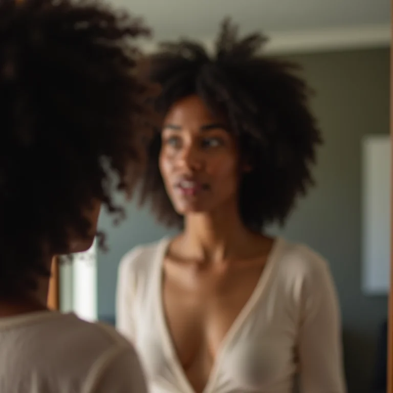 Mulher negra praticando oratória em frente ao espelho