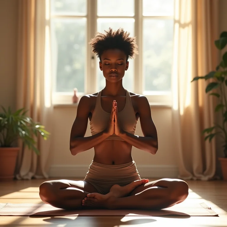 Mulher negra praticando yoga, aceitando a imperfeição.