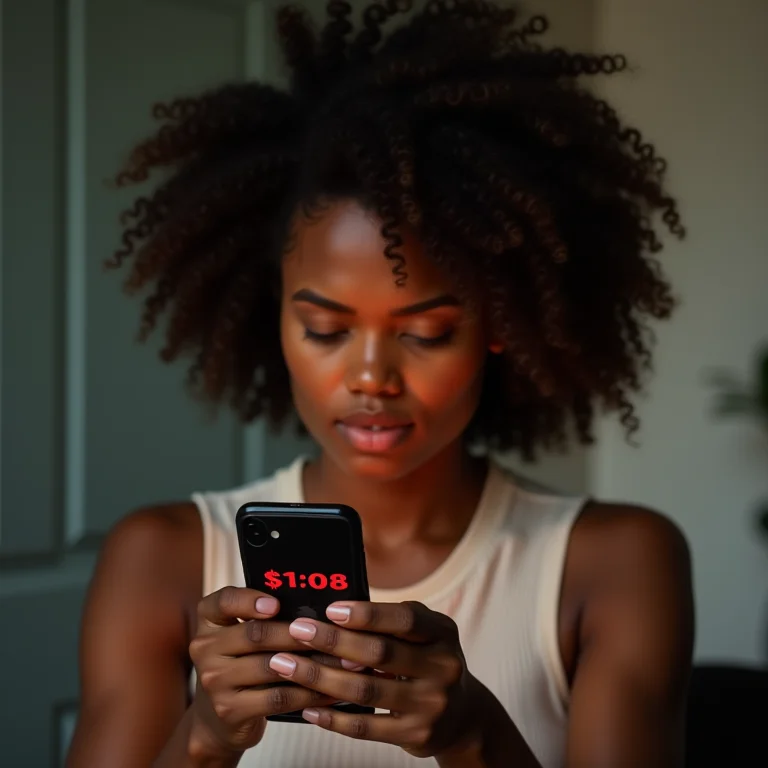 Mulher negra preocupada olhando para o celular com informações financeiras negativas.