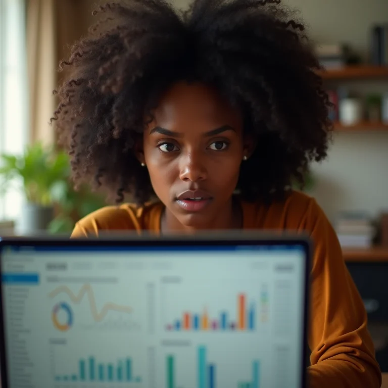 Mulher negra preocupada olhando para planilha financeira no laptop