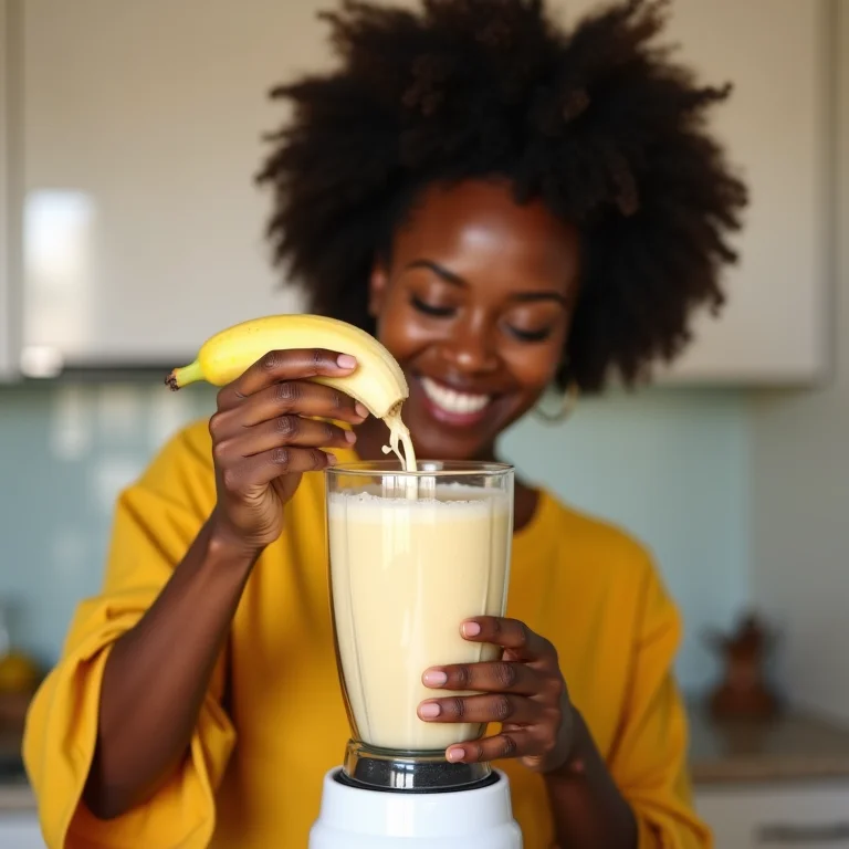 Mulher negra preparando sorvete de banana fit.