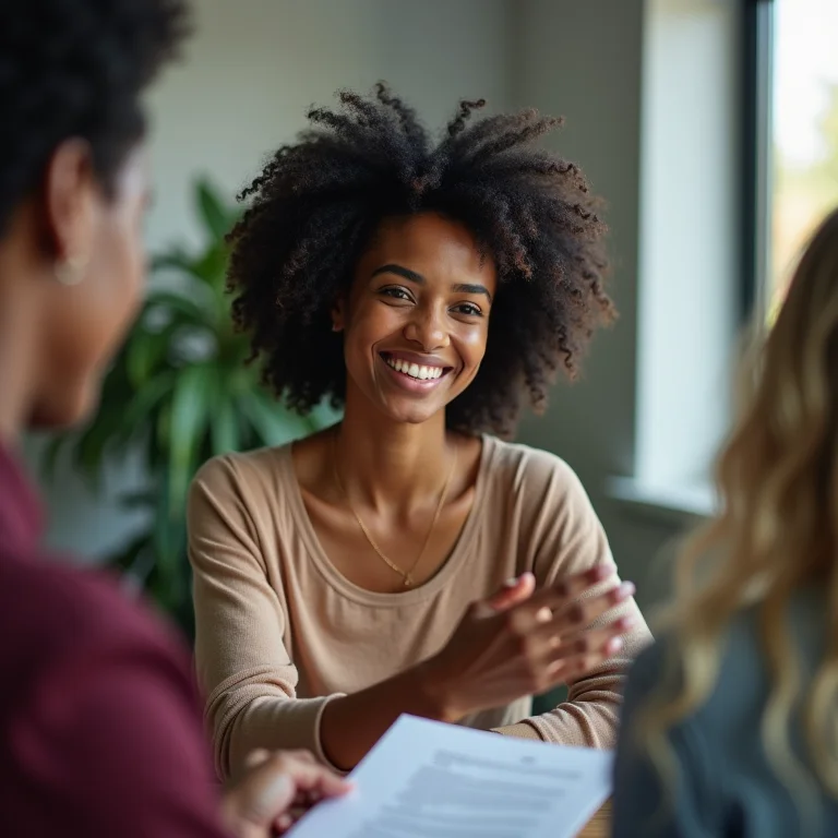 Mulher negra recebendo feedback construtivo no trabalho com sorriso.