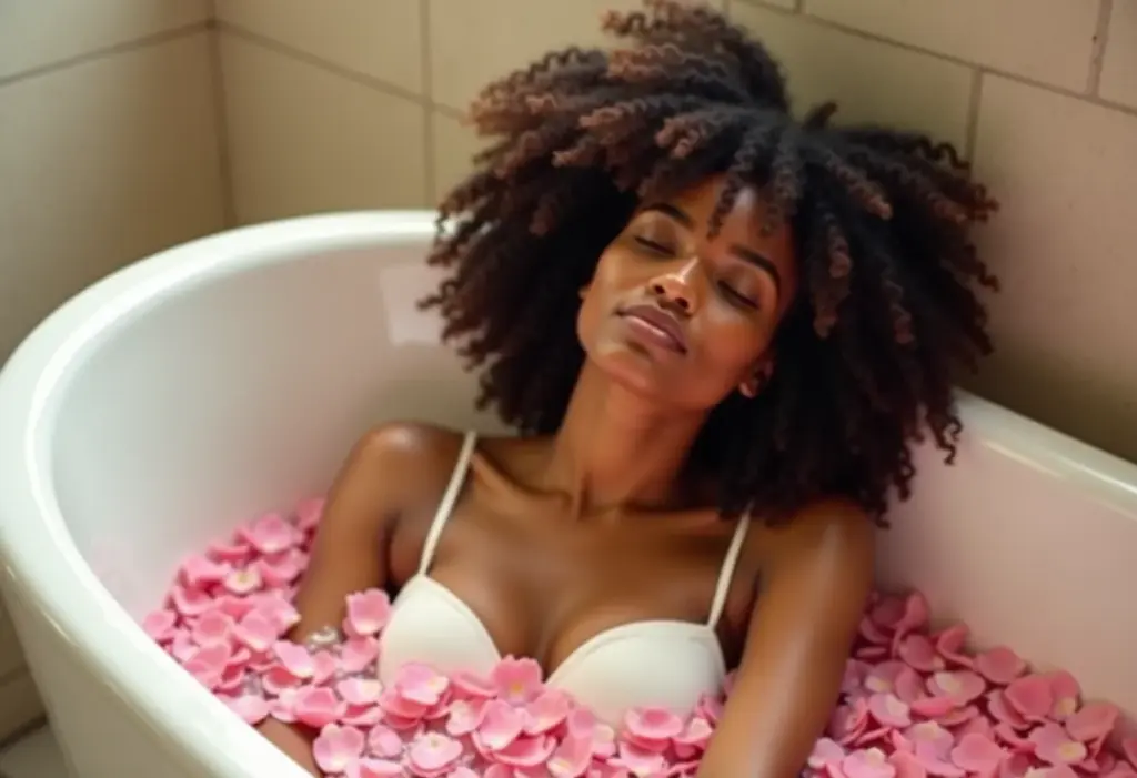 Mulher negra relaxando em banheira com pétalas de flores