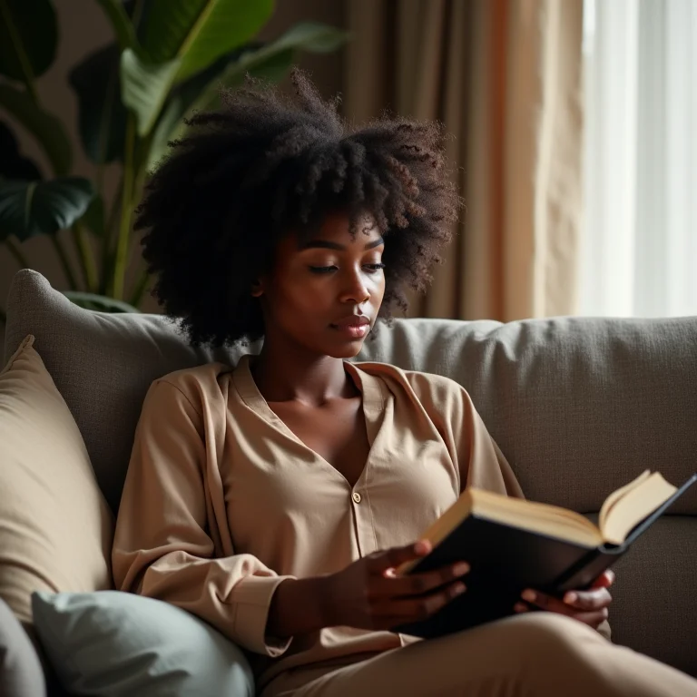 Mulher negra relaxando em sofá-cama inteligente