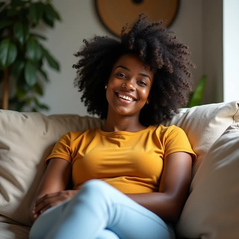 Mulher negra relaxando em um sofá confortável