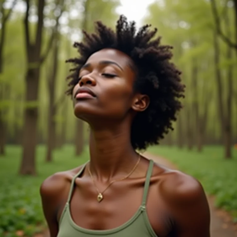 Mulher negra respirando fundo durante caminhada em floresta