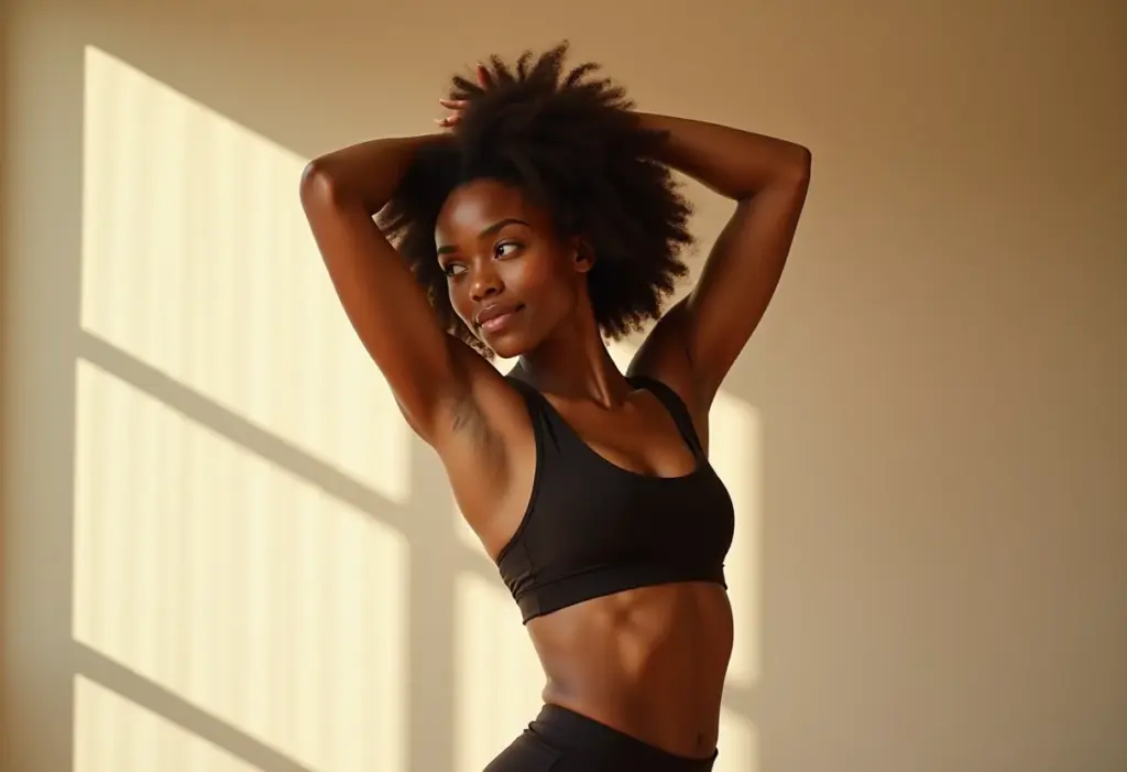 Qual o melhor horário para treinar? Fuja desses erros! Mulher negra se alongando em casa antes do treino