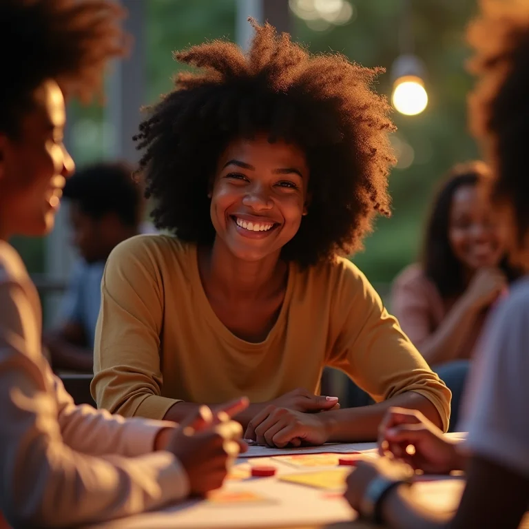 Mulher negra se divertindo jogando jogo de tabuleiro online com amigos