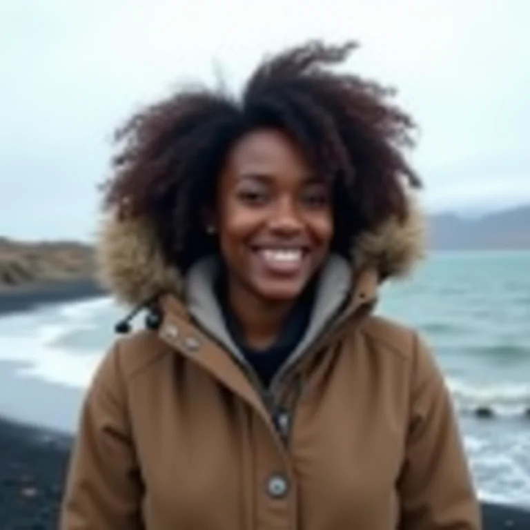 Mulher negra se protegendo do clima na Islândia