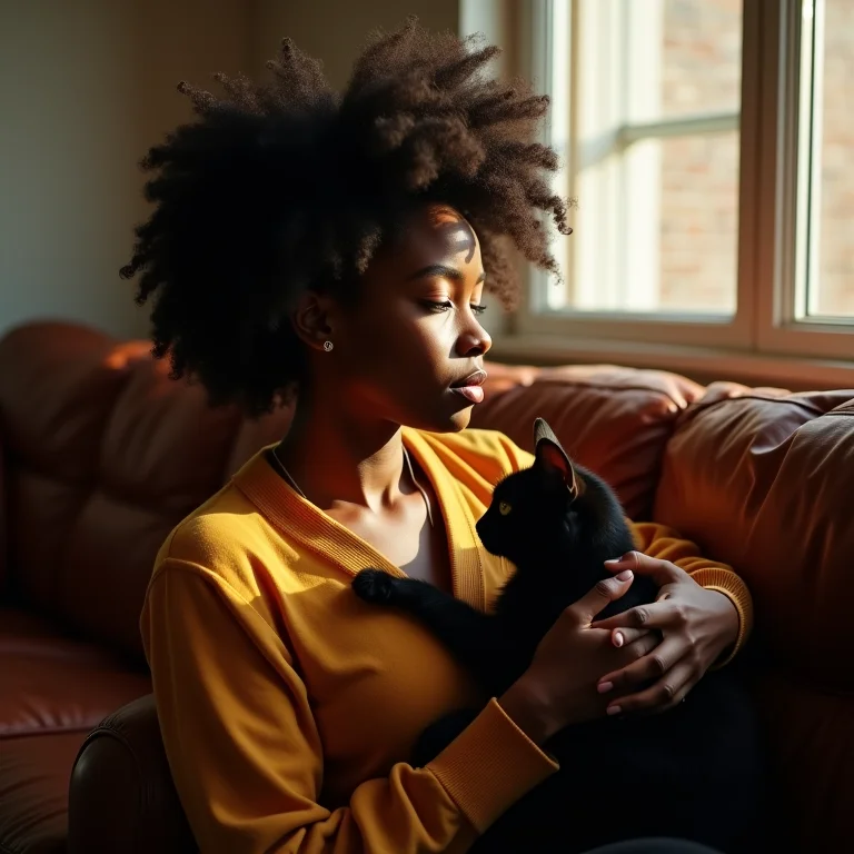 Mulher negra sentada em sofá de couro com gato
