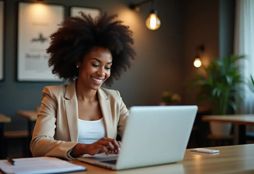 Mulher negra sorrindo analisando currículo em um laptop