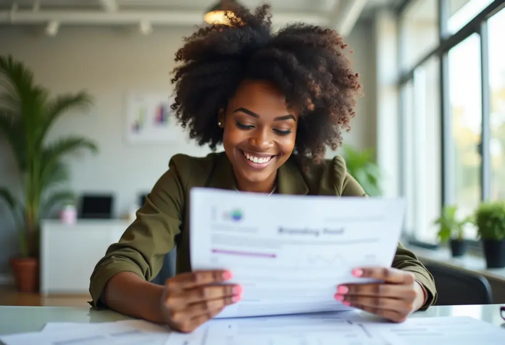 MEI tem direito a décimo terceiro salário? Descubra AGORA! Mulher negra sorrindo analisando documentos financeiros.