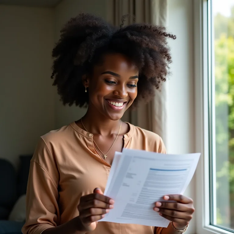 Mulher negra sorrindo ao analisar documentos financeiros
