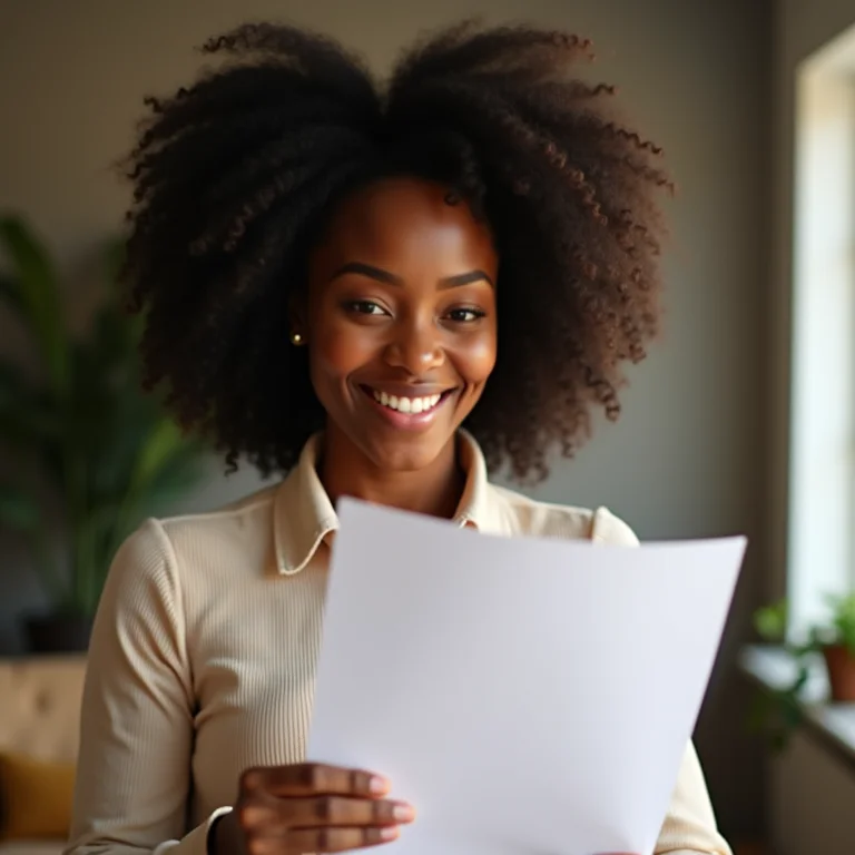 Mulher negra sorrindo ao analisar seu currículo.