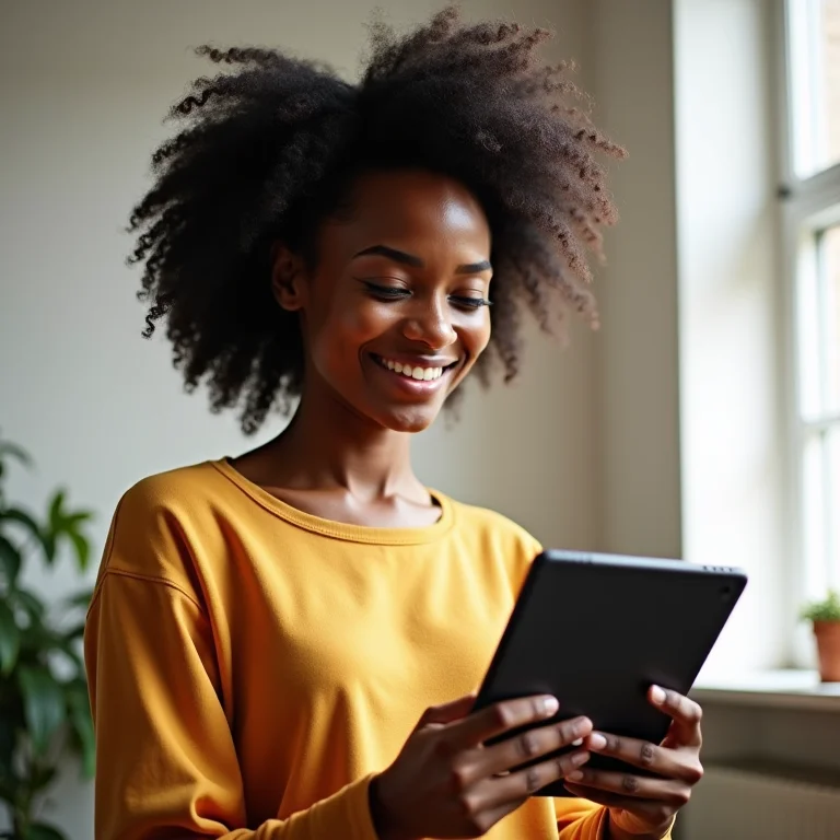 Mulher negra sorrindo ao analisar seus investimentos em renda fixa