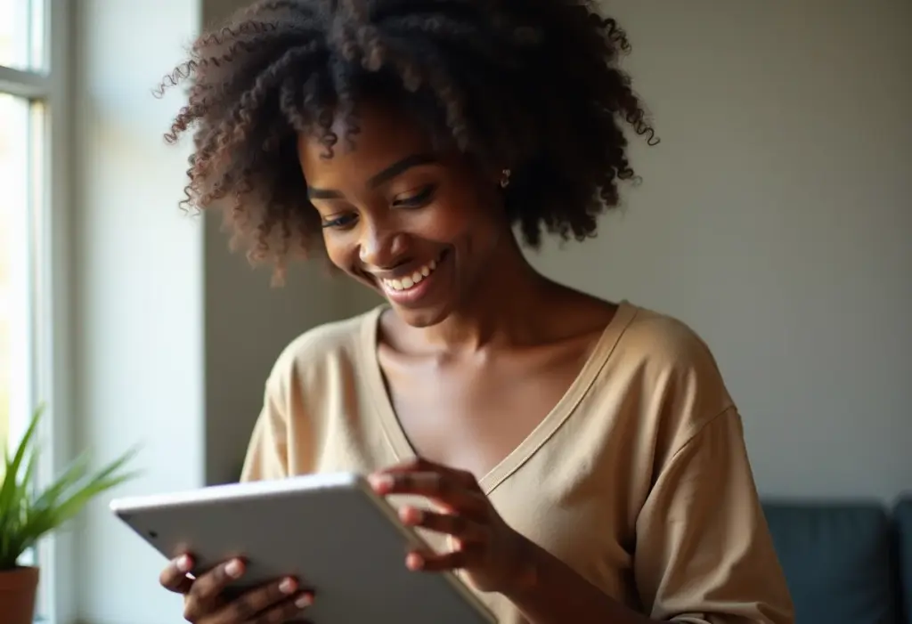 Chega de esquecer! Os aplicativos para organizar tarefas diárias que você precisa Mulher negra sorrindo ao usar aplicativo de organização de tarefas em um tablet.