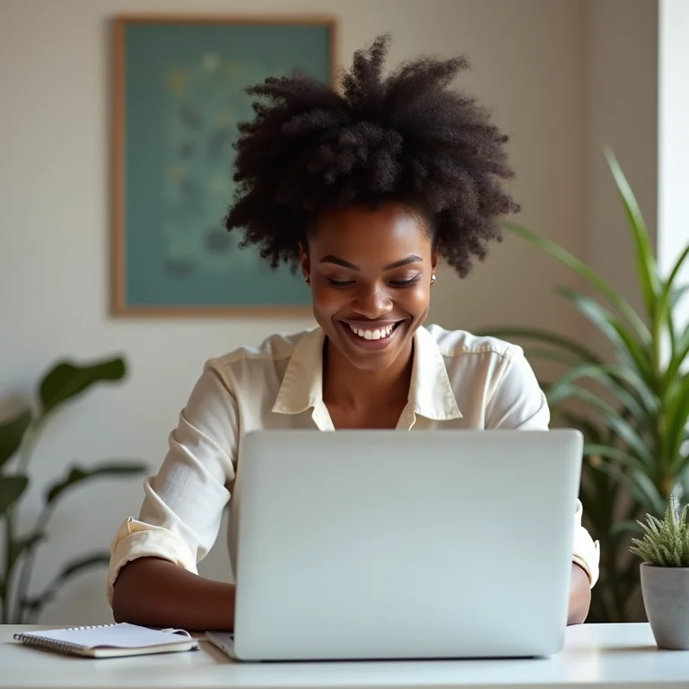 Mulher negra sorrindo ao usar um site de teste de velocidade intuitivo.