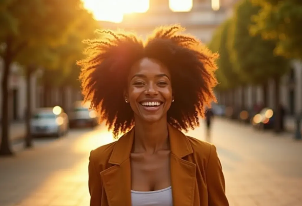 Mulher negra sorrindo caminhando em parque ensolarado