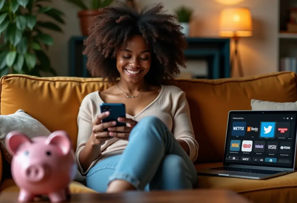 Pare de rasgar dinheiro: O guia para economizar com streaming Mulher negra sorrindo cercada por dispositivos de streaming e um cofrinho, representando economia.