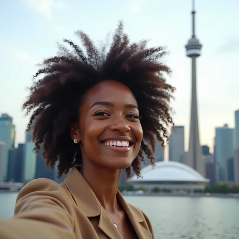Mulher negra sorrindo com a CN Tower ao fundo