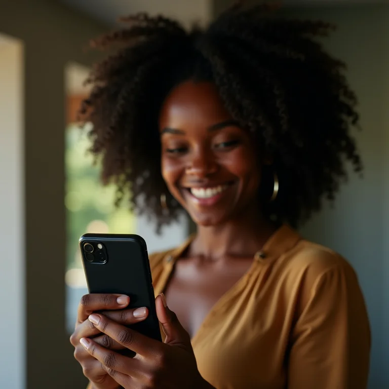 Mulher negra sorrindo com app de cashback.