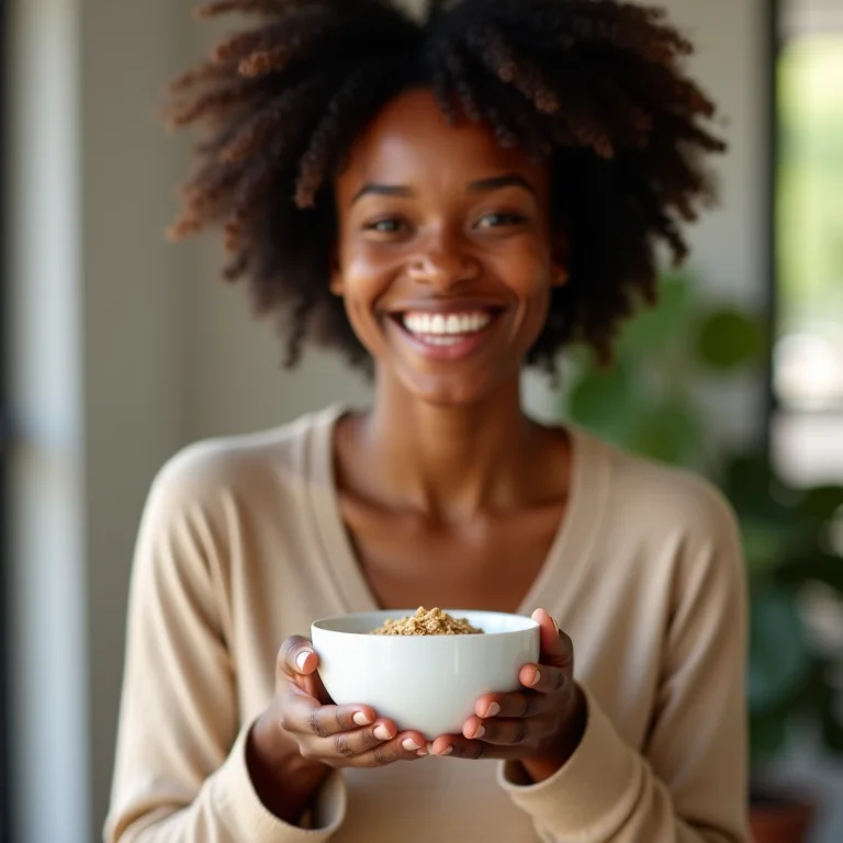 Mulher negra sorrindo com aveia.