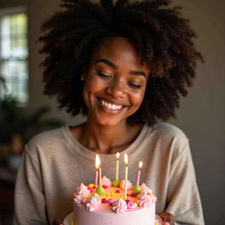 Mulher negra sorrindo com bolo de aniversário DIY