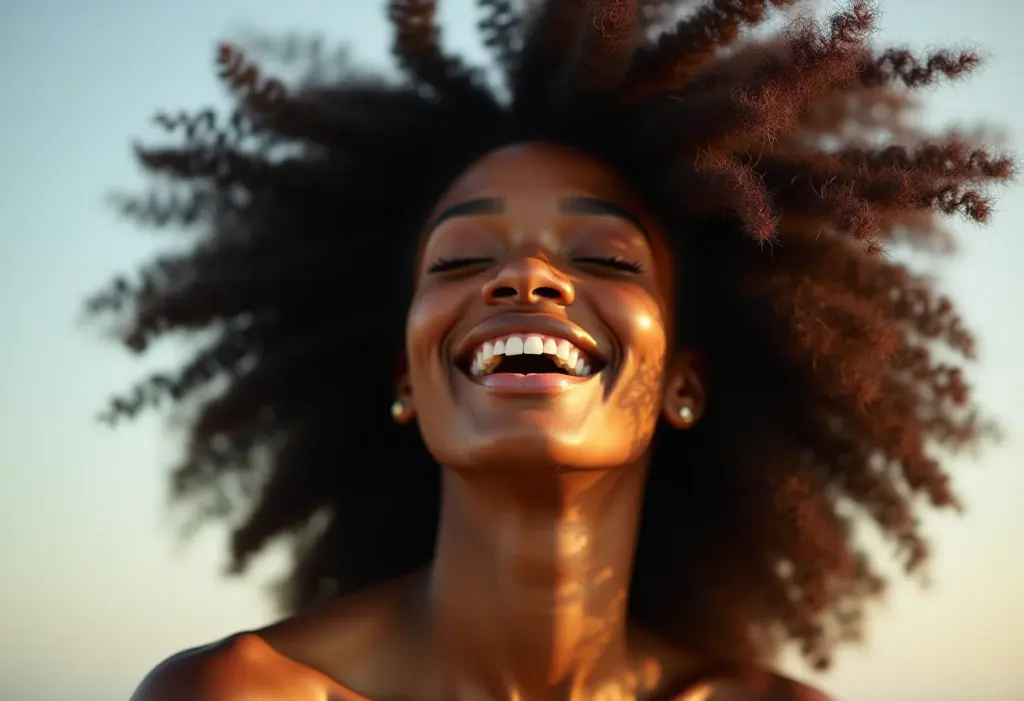 Mulher negra sorrindo com cabelo cacheado ao vento, representando um dia de cabelo bom.