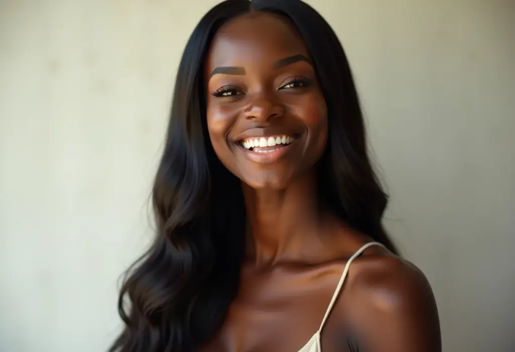 Cabelo com progressiva: Guia de cuidados para um liso perfeito Mulher negra sorrindo com cabelo liso e brilhante