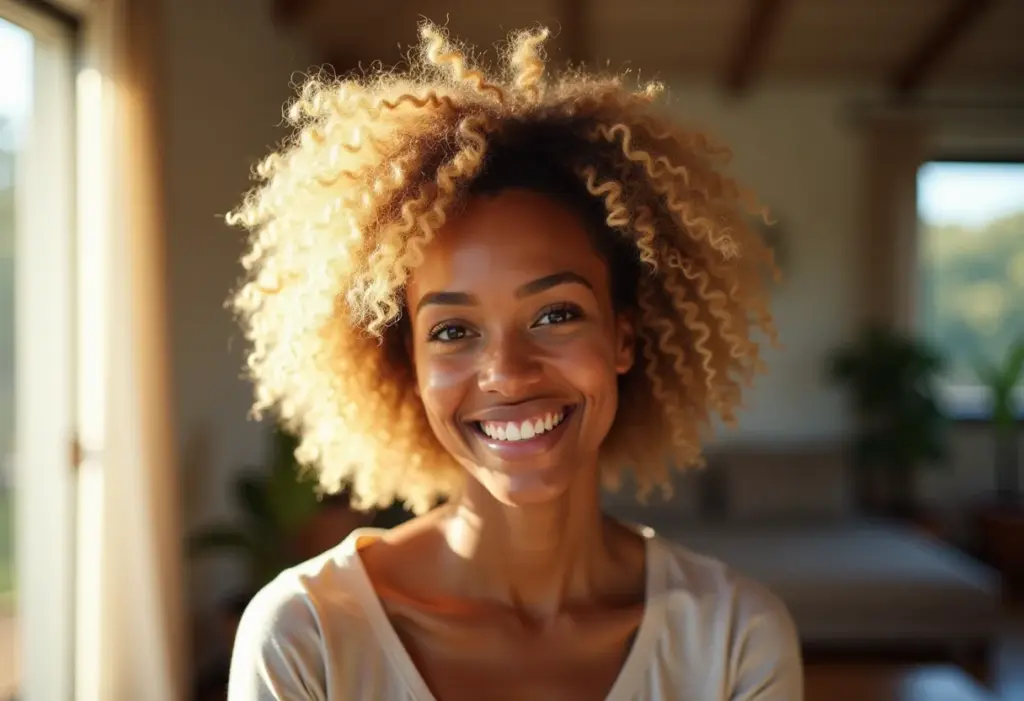 Cabelos loiros ressecados: o guia definitivo de cuidados em casa Mulher negra sorrindo com cabelo loiro cacheado saudável