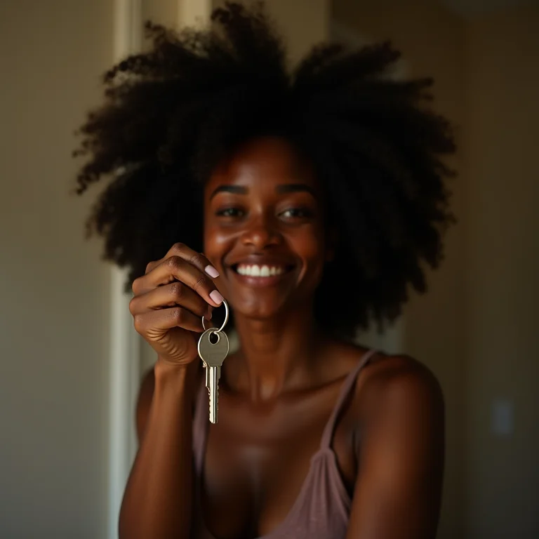 Mulher negra sorrindo com chaves na mão
