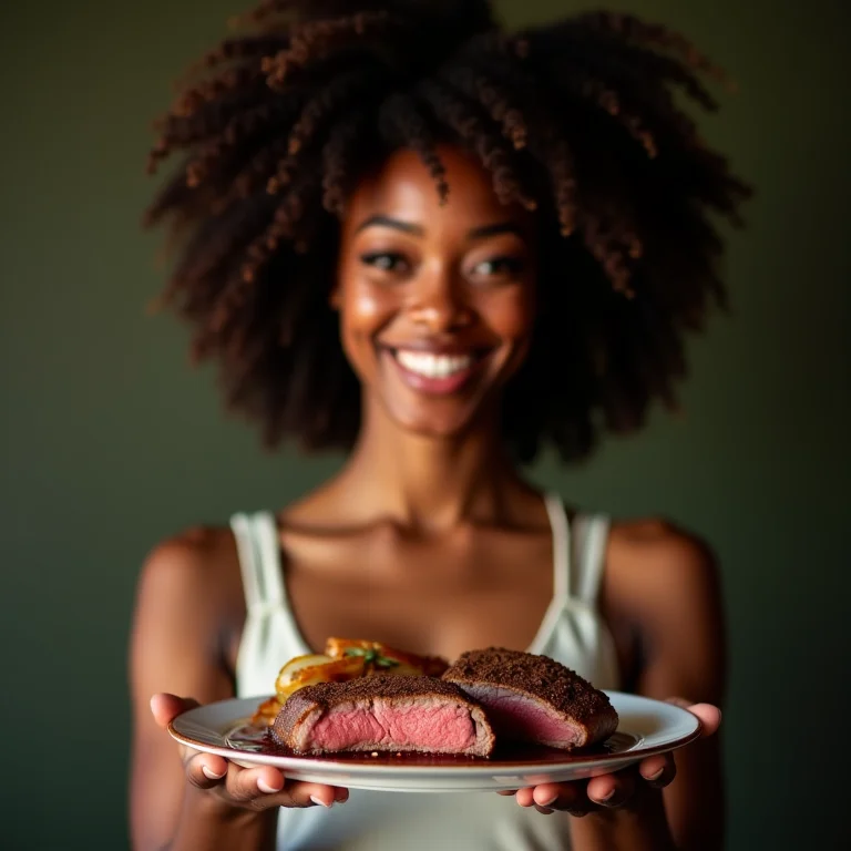 Mulher negra sorrindo com cortes alternativos e saborosos de carne.