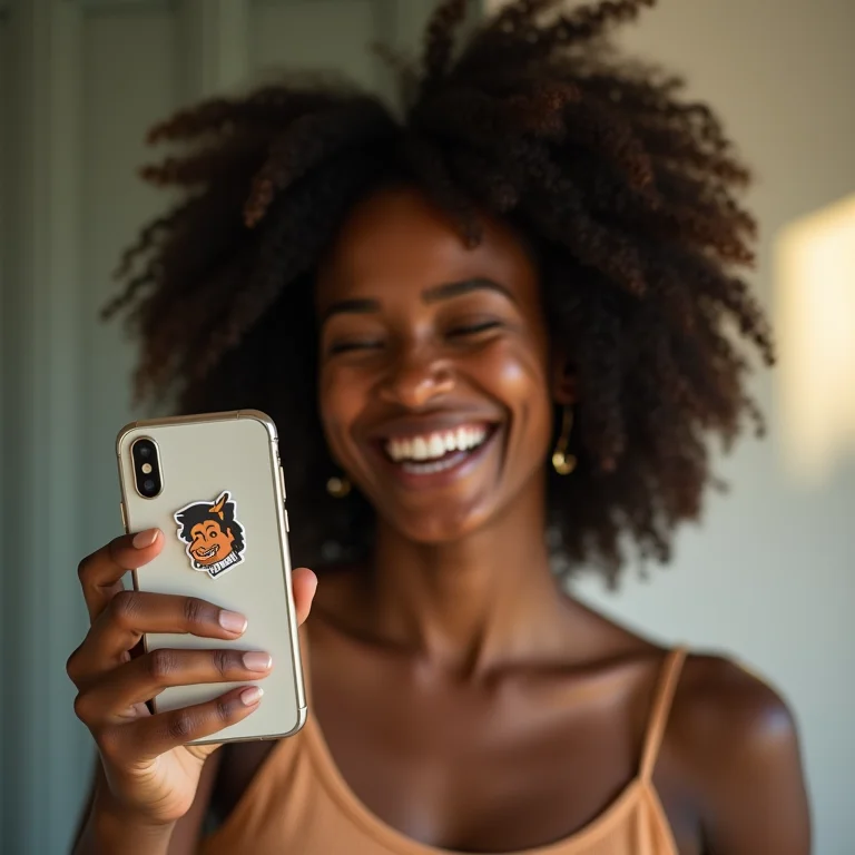 Mulher negra sorrindo com figurinha personalizada